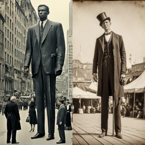 Old image of well-dressed 5 meter giant humans near ordinary people in the city