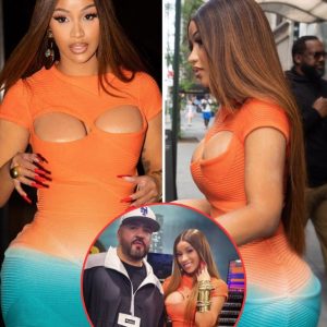 Cardi B Stepped Out to Promote her Latest Song ‘Bongos’ in a Hanifa FW23 Turquoise and Orange Taliah Maxi Dress -News