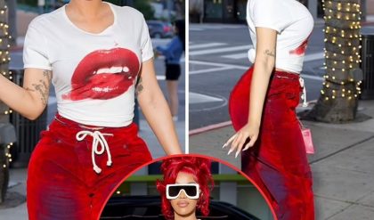 Cardi B is red hot as she debuts eye-popping crimson hair color and rocks a matching fiery outfit while out in Beverly Hills